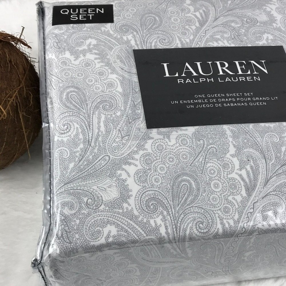 Lauren RALPH LAUREN (White/Gray Sketch Print) 100% Cotton QUEEN Sheet Set - Picture 2 of 5